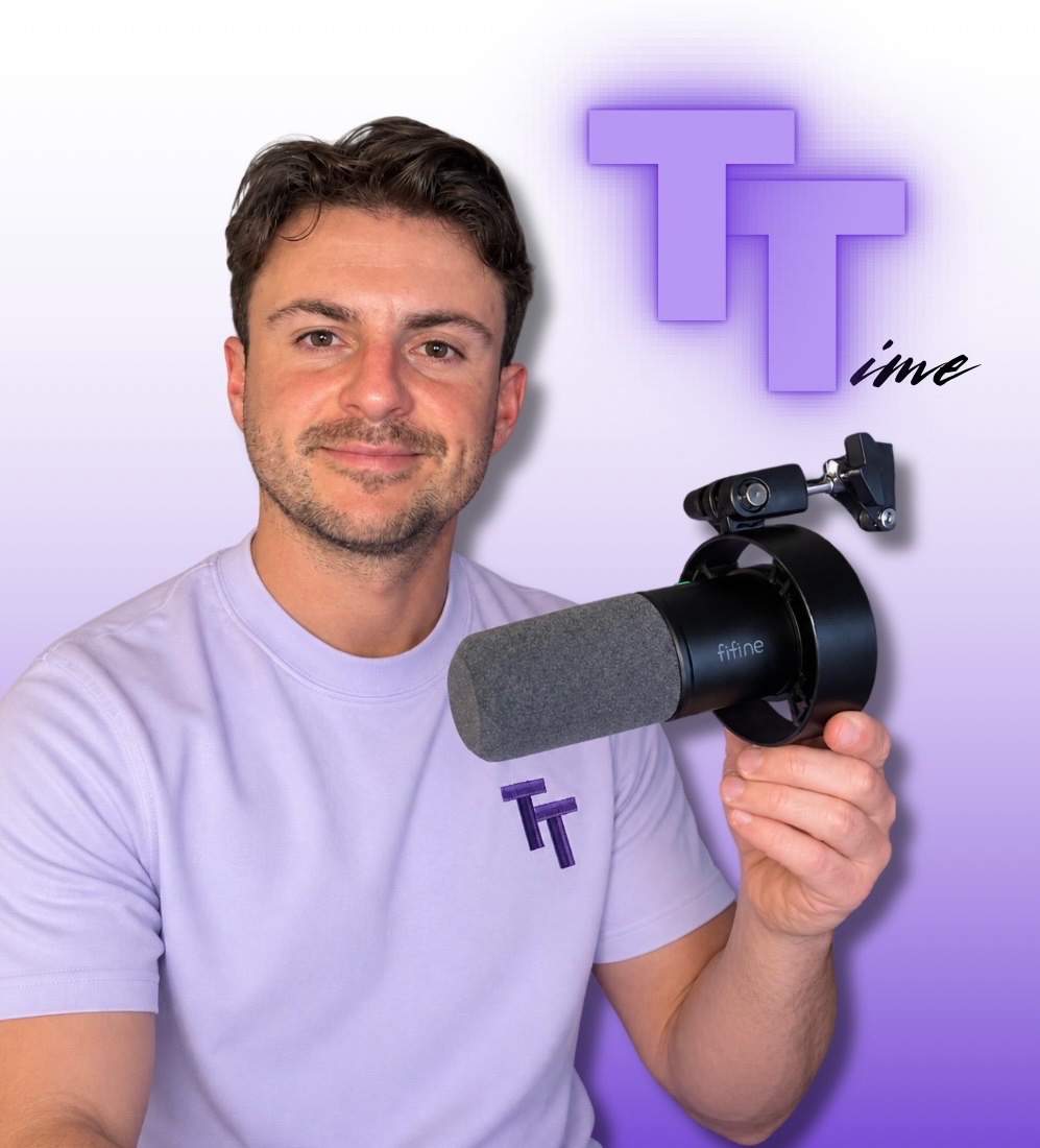 Tony from T-Time with his studio microphone and the TT logo